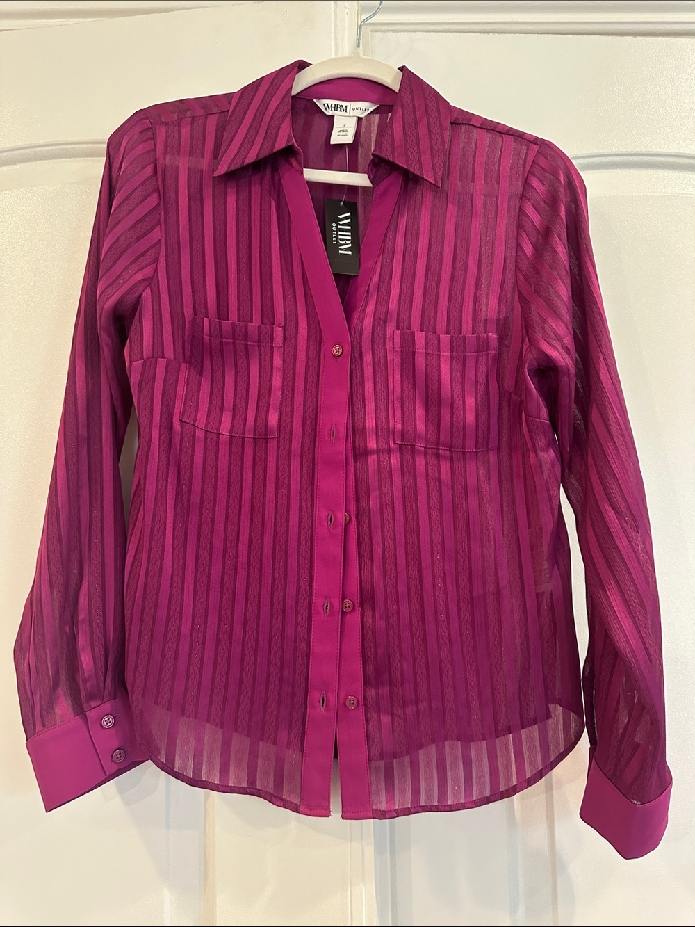 NBW White House Black Market Magenta Stripe Sheer Button-Up Shirt